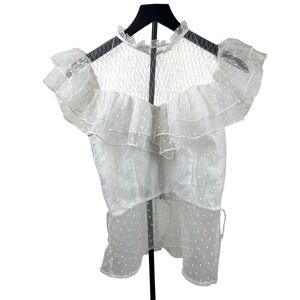 Lulumari White Swiss Dot Mesh Ruffle Coquette Top Fairy Romantic Womens Medium